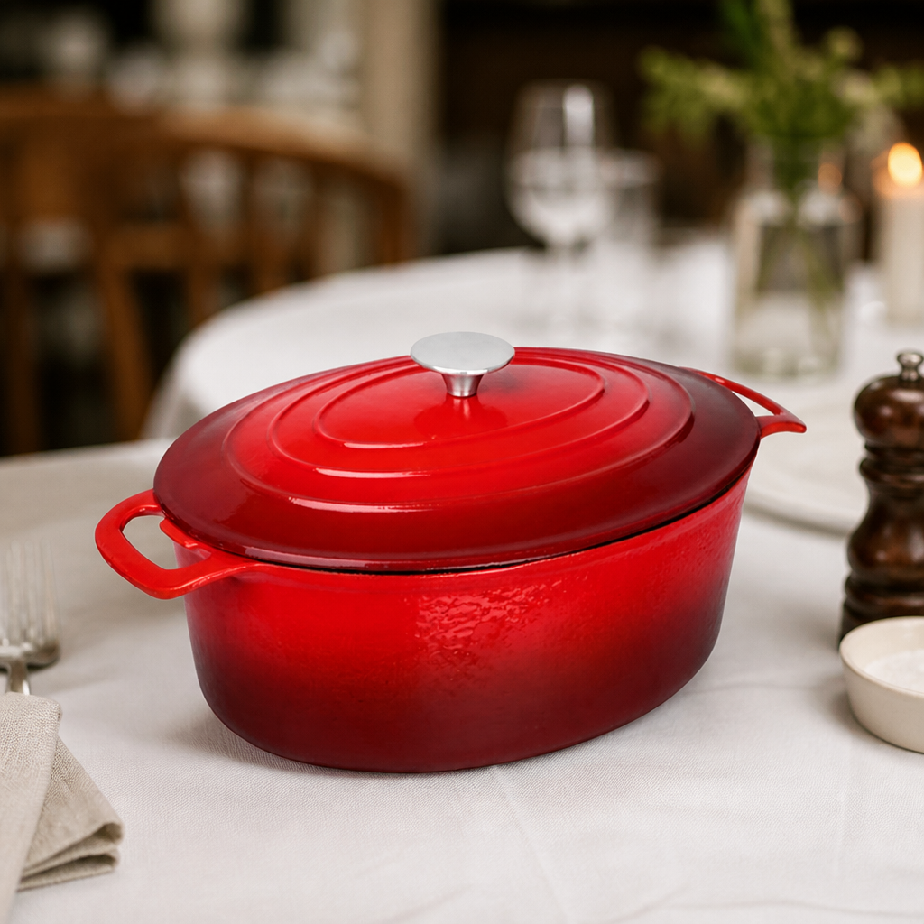 6Ltr Commercial Oval Cast Iron Casserole Dish Red