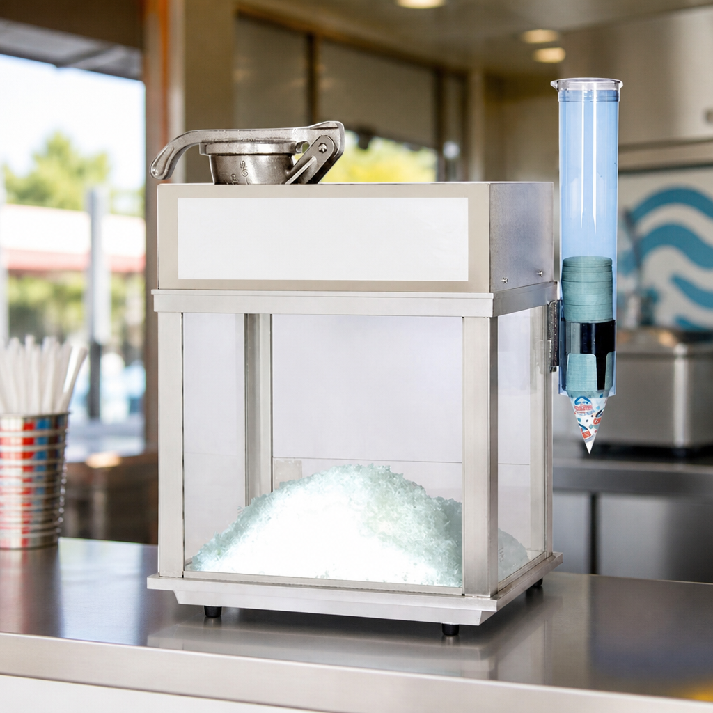 Commercial Snow Cone Machine with Cone Holder and Easy Cleanup
