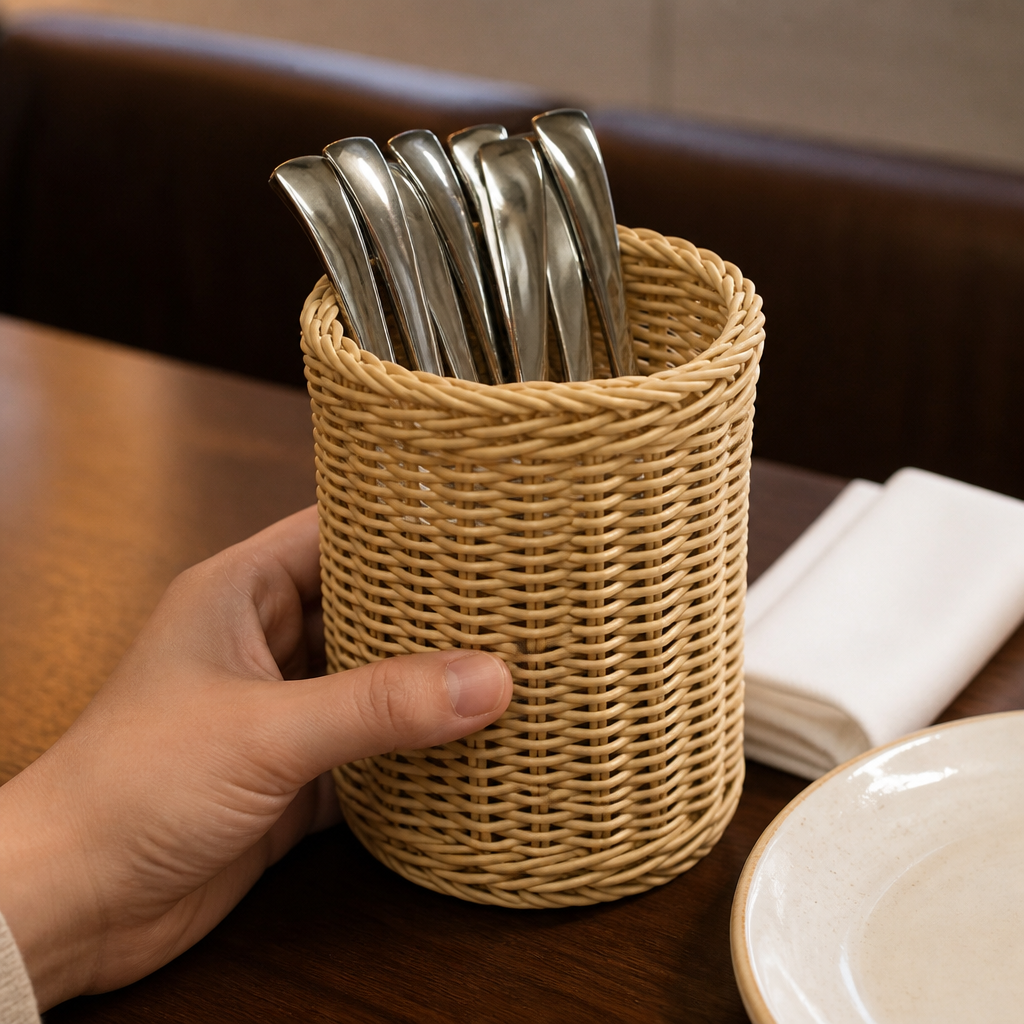 Commercial Polypropylene Round Rattan Cutlery Basket 125mm
