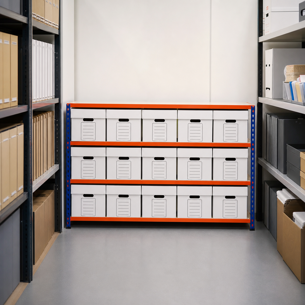 Document Archive Shelving Bay with 15 Cardboard Storage Boxes