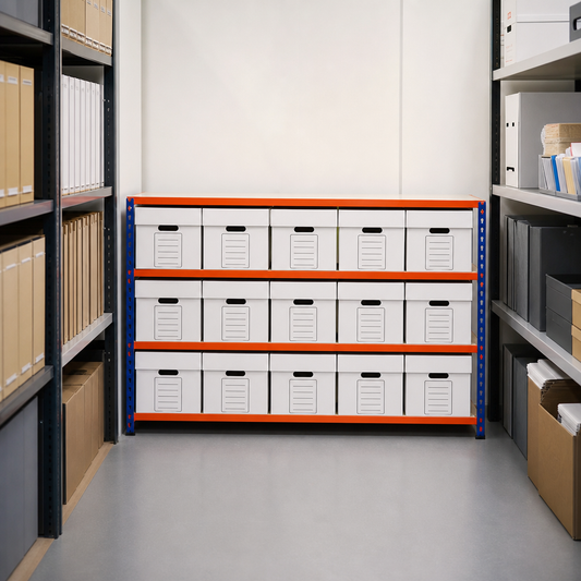 Document Archive Shelving Bay with 15 Cardboard Storage Boxes