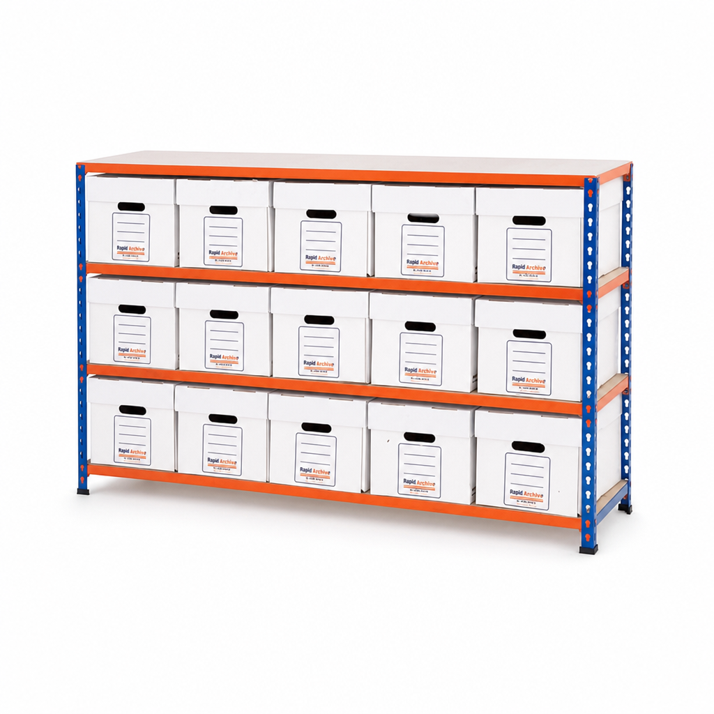 Document Archive Shelving Bay with 15 Cardboard Storage Boxes
