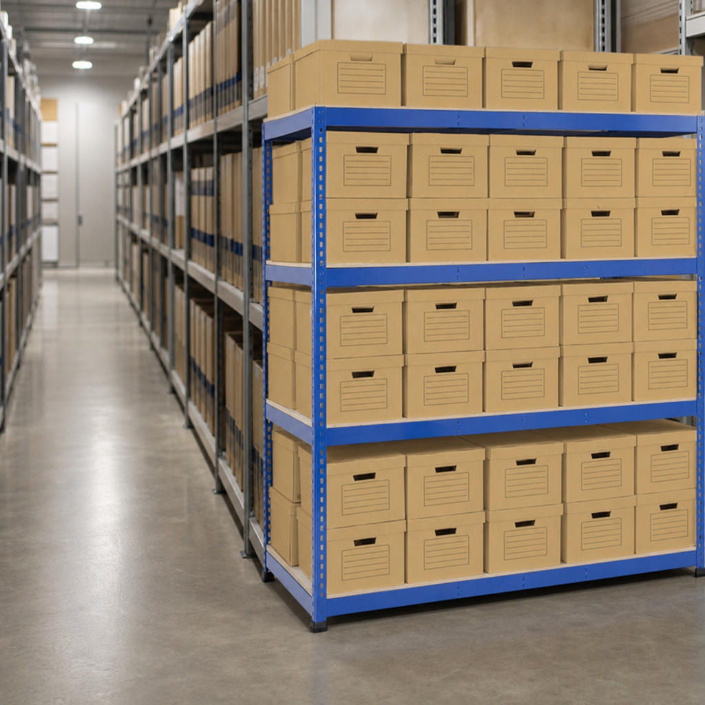 Document Archive Shelving Bays with Storage Bins