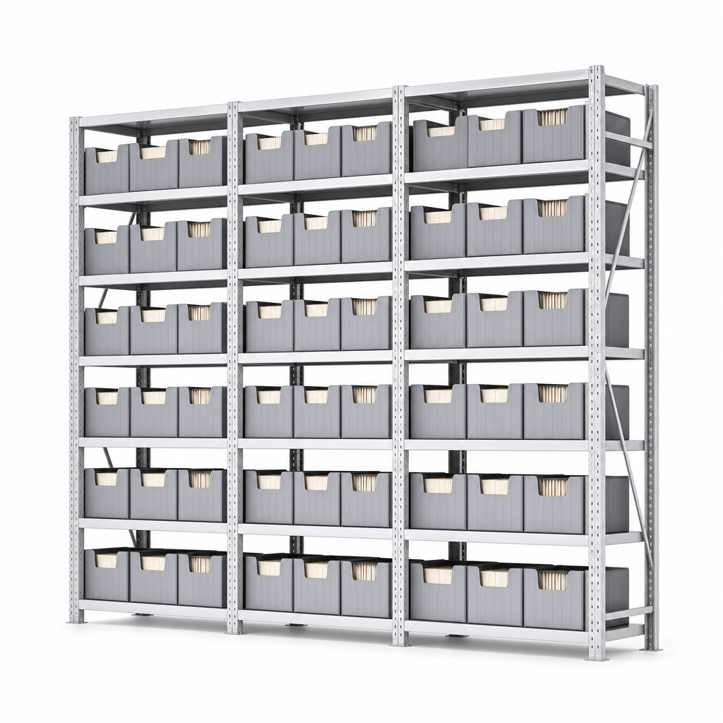 Document Archive Shelving Bays with Storage Bins