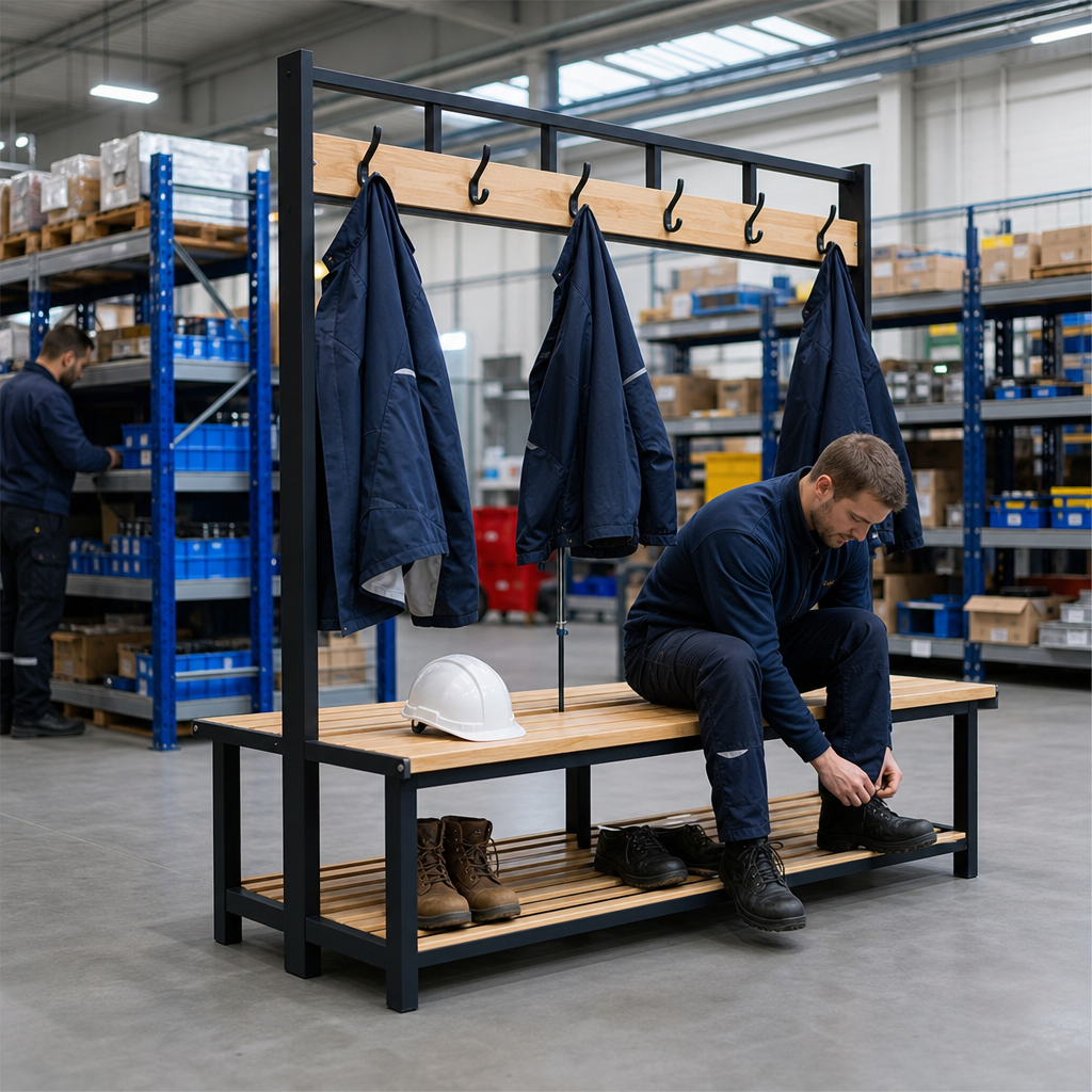 Double Sided Changing Room Bench with Overhead Hooks
