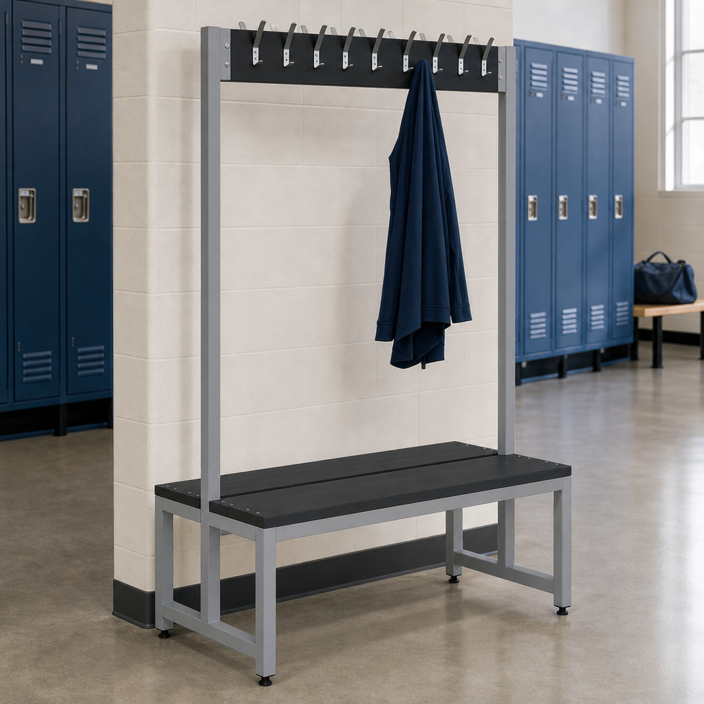 Double Sided Changing Room Bench with Overhead Hooks