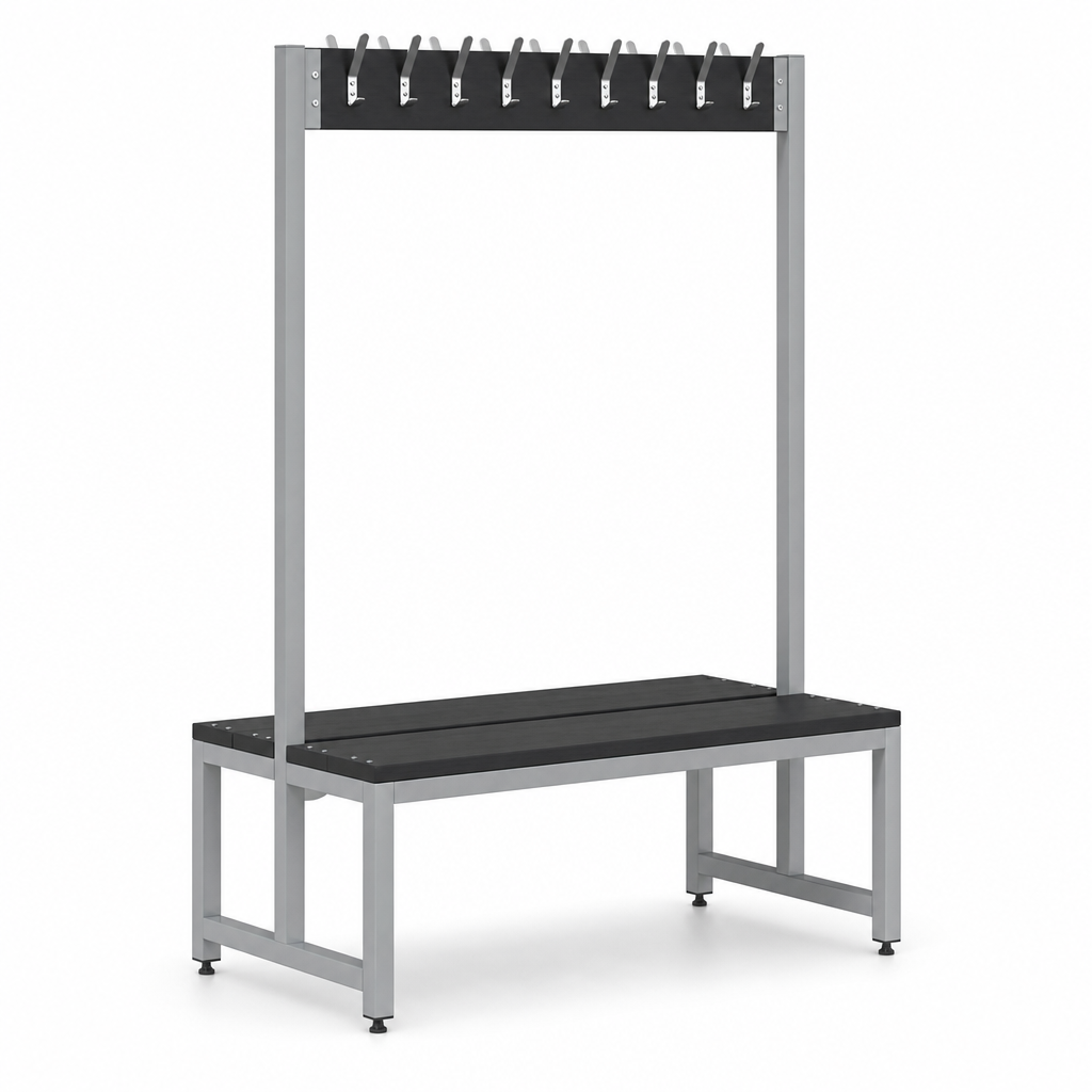 Double Sided Changing Room Bench with Overhead Hooks