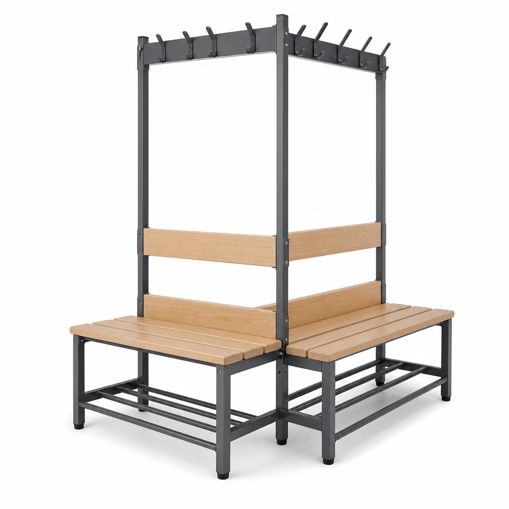 Double Sided Changing Room Bench with Overhead Hooks
