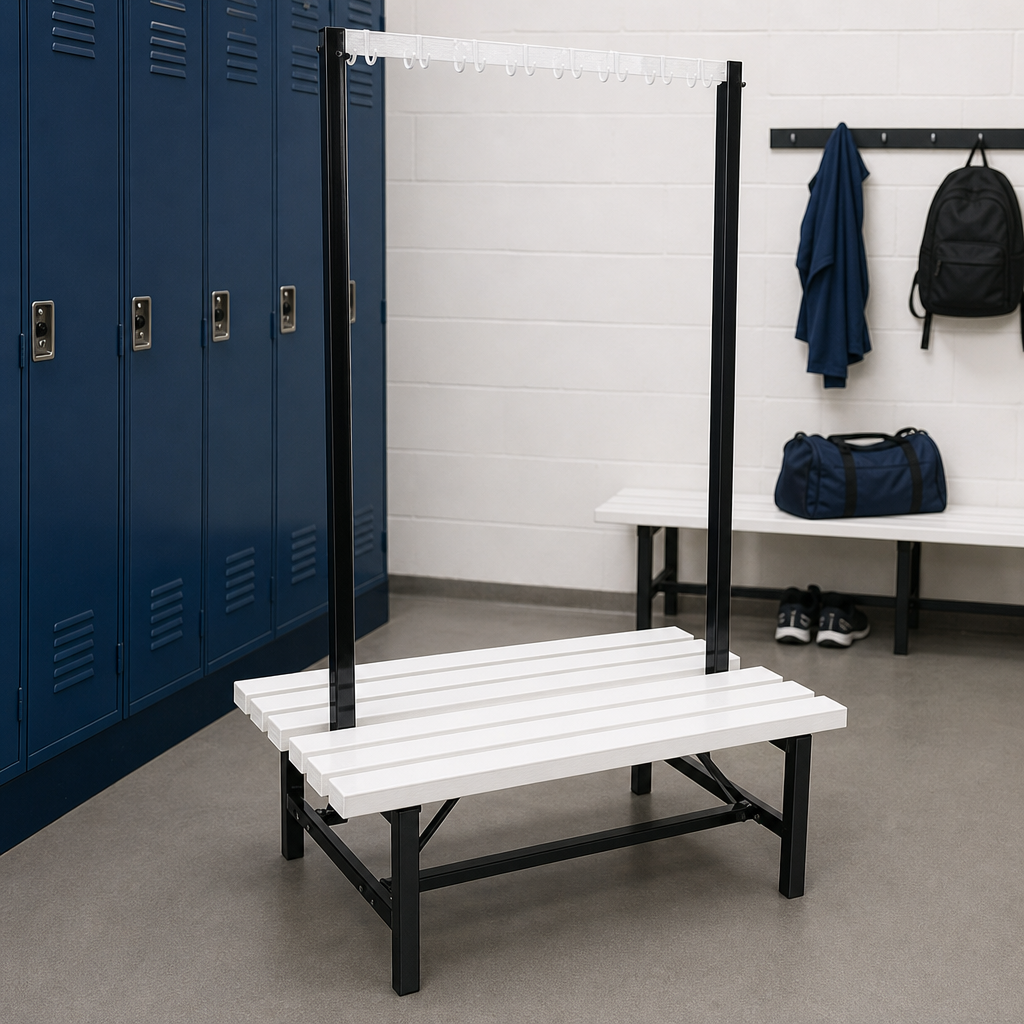 Double Sided Cloakroom Bench with Hooks and PVC Slats