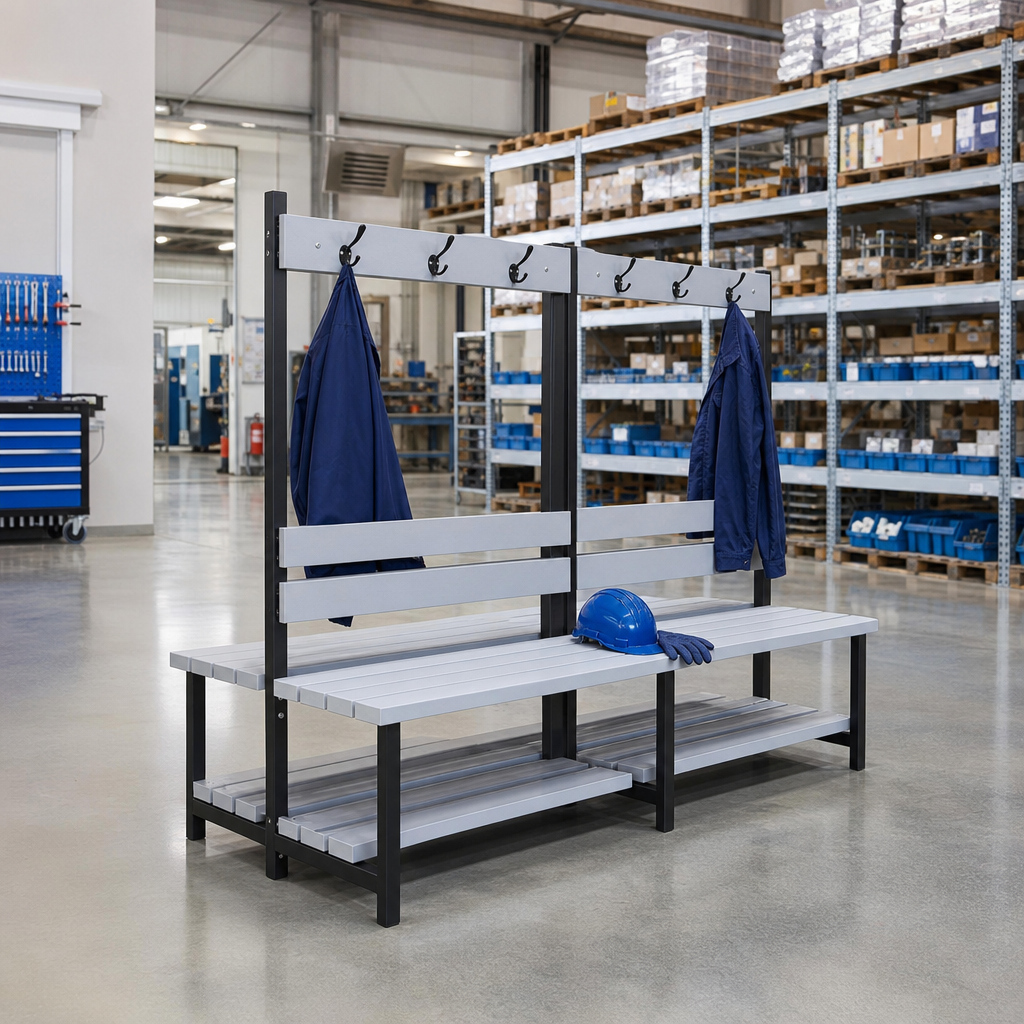 Double Sided Cloakroom Bench with Hooks and PVC Slats