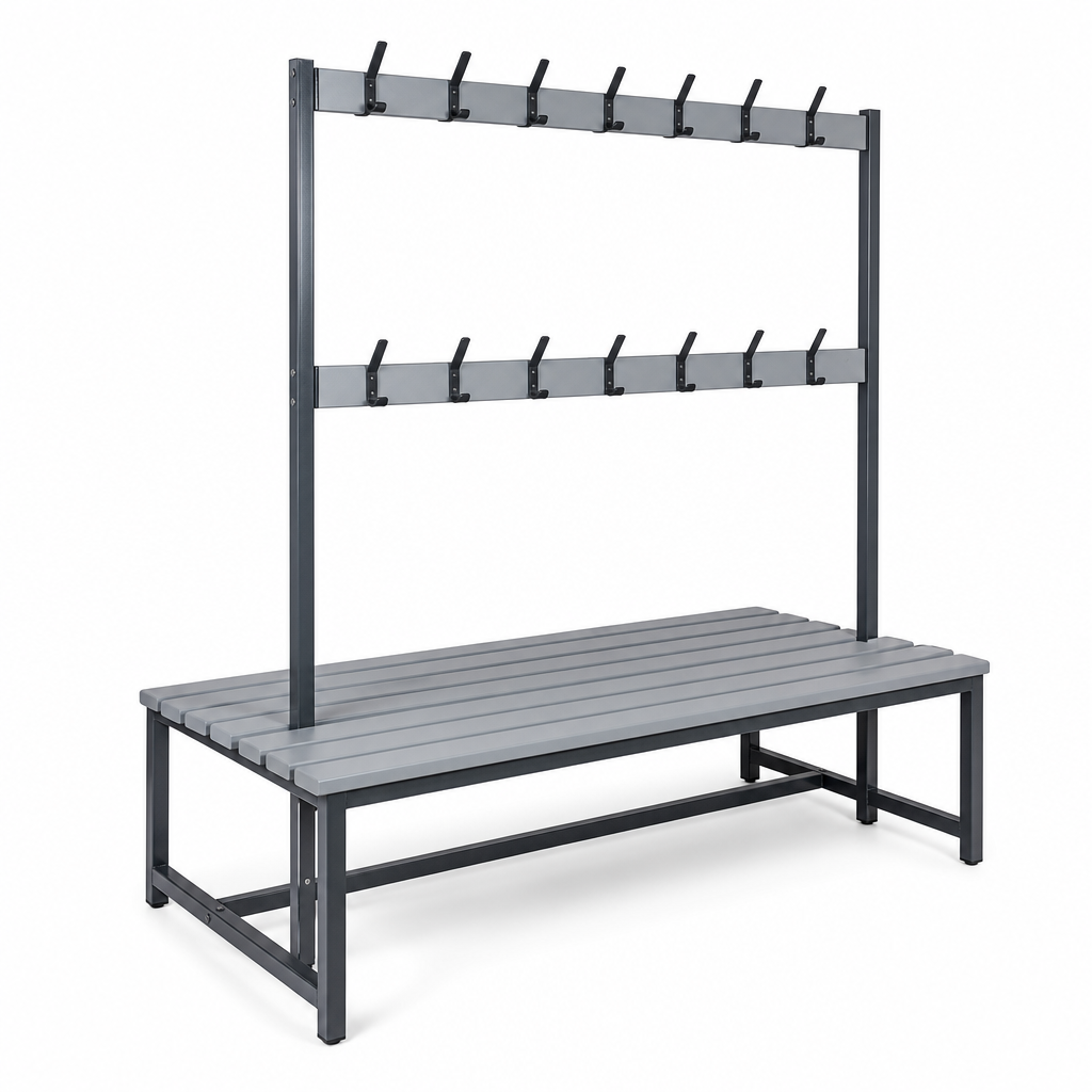 Double Sided Cloakroom Bench with Hooks and PVC Slats