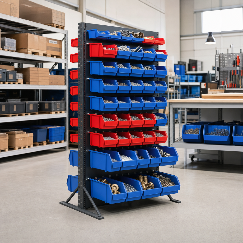 Double-Sided Louvre Panel Rack with Storage Bins - 1450mm High