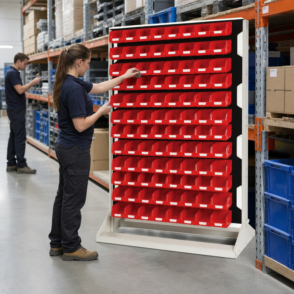 Double-Sided Louvre Panel Rack with Storage Bins - 1450mm High