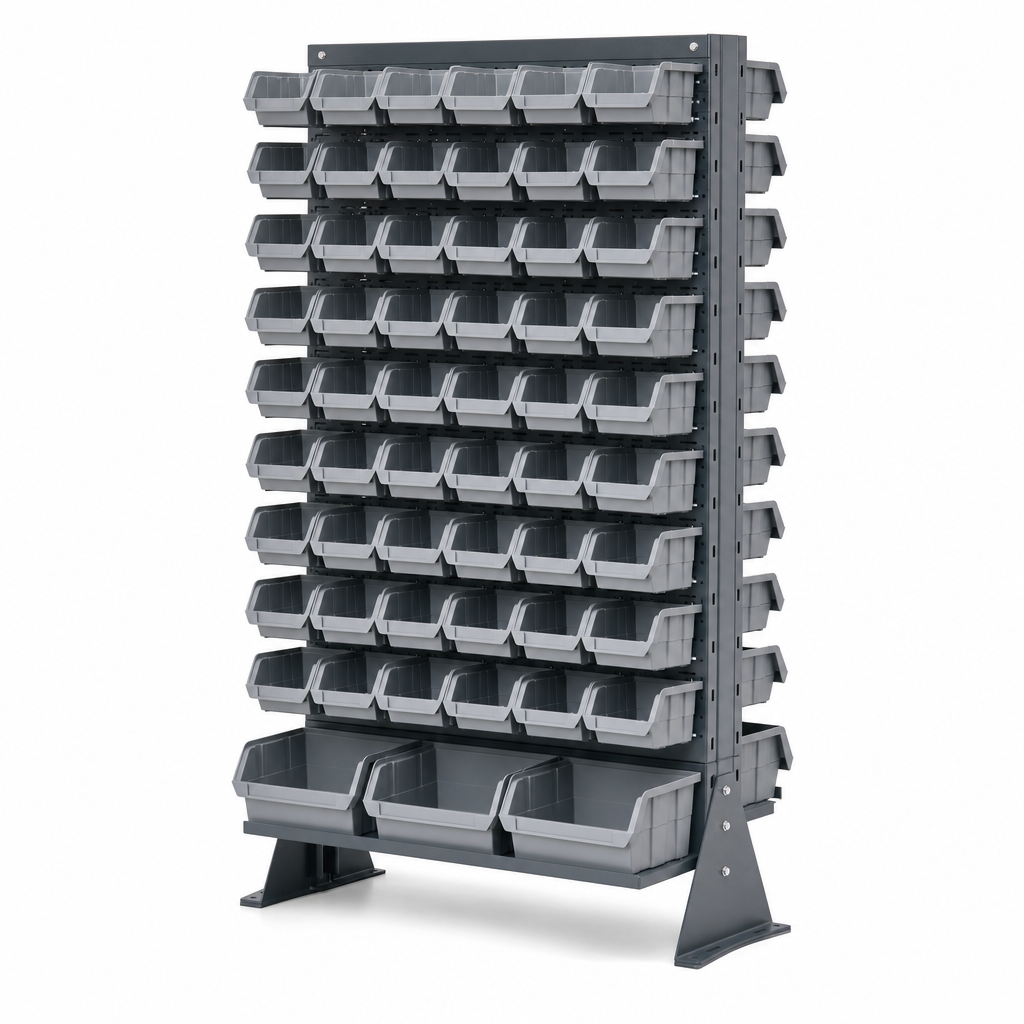 Double-Sided Louvre Panel Rack with Storage Bins - 1450mm High