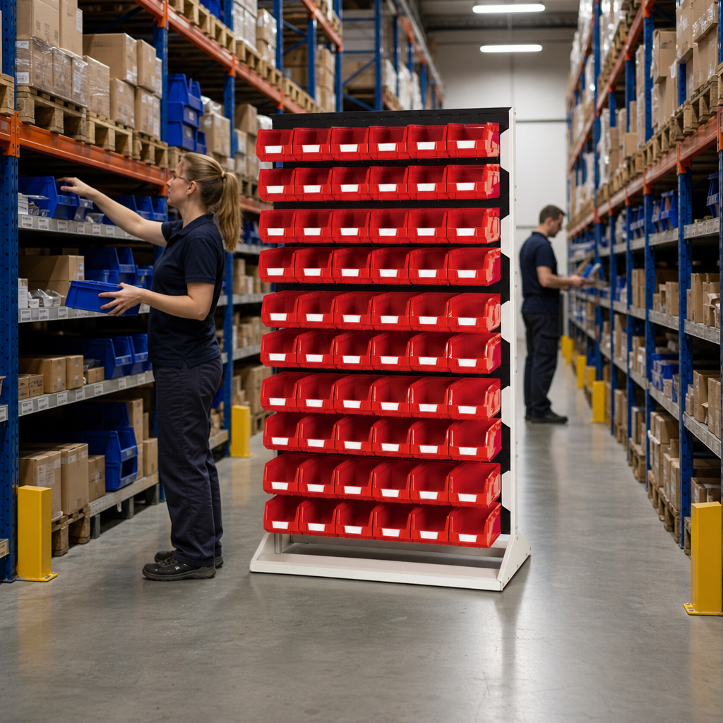 Double-Sided Louvre Panel Rack with Storage Bins