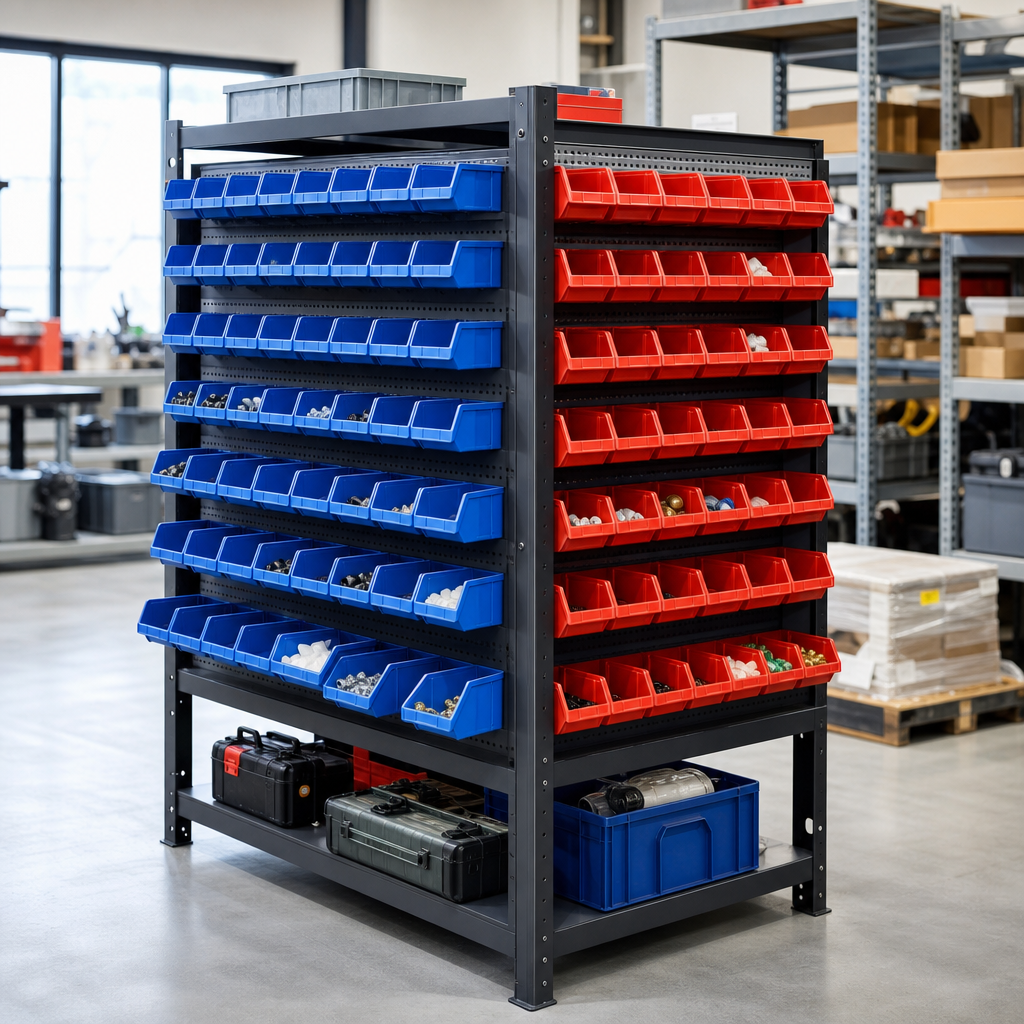 Double-Sided Louvre Panel Rack with Storage Bins