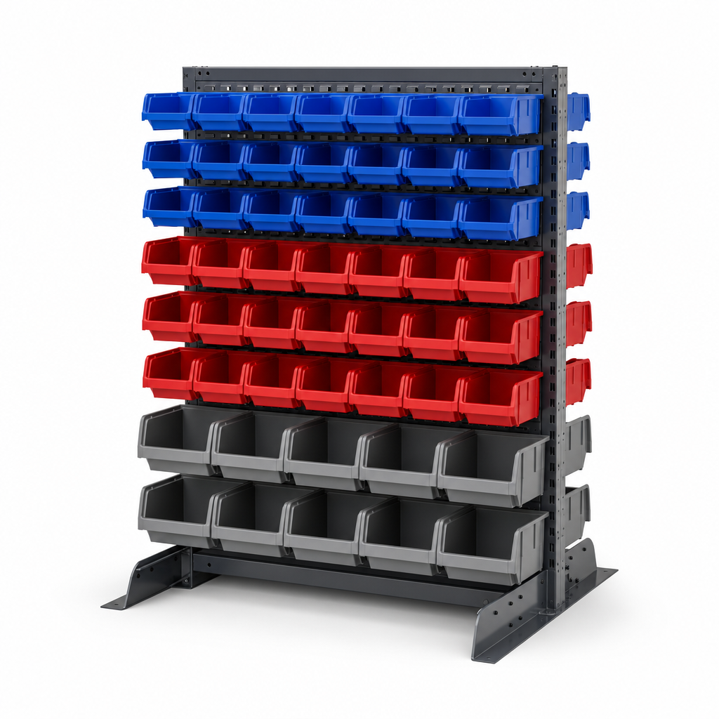 Double-Sided Louvre Panel Rack with Storage Bins