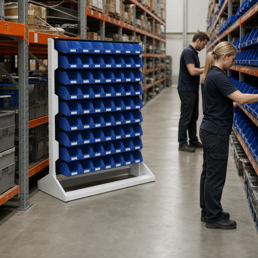 Double-Sided Louvre Panel Racks with Storage Bins