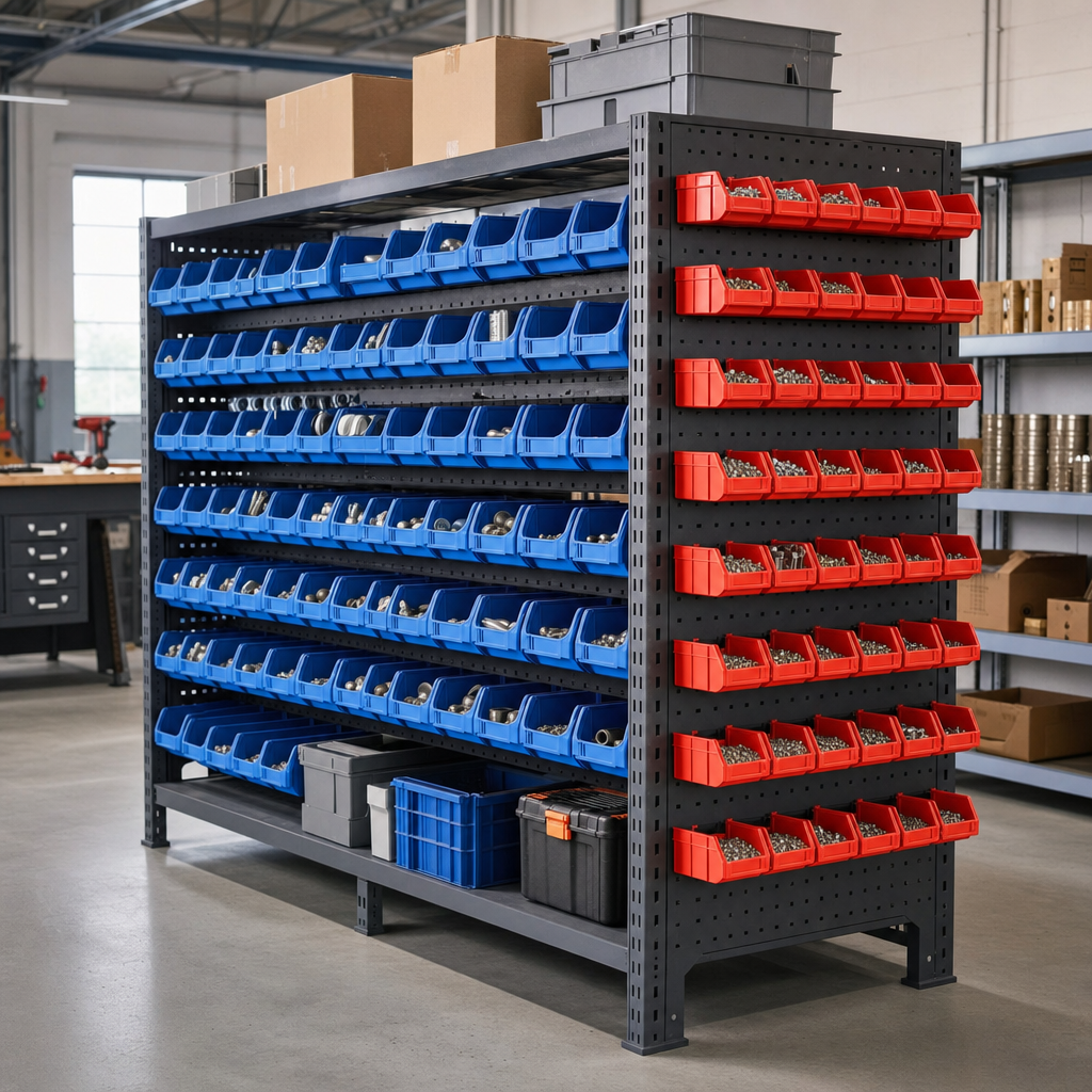 Double-Sided Louvre Panel Racks with Storage Bins