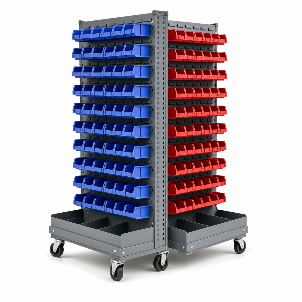 Double-Sided Louvre Panel Racks with Storage Bins