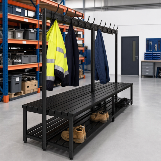 Double Sided Polymer Cloakroom Bench with Black Slats