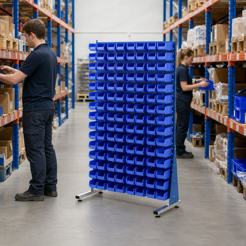Double Sided Small Parts Rack with Storage Bins 1600h x 1000w