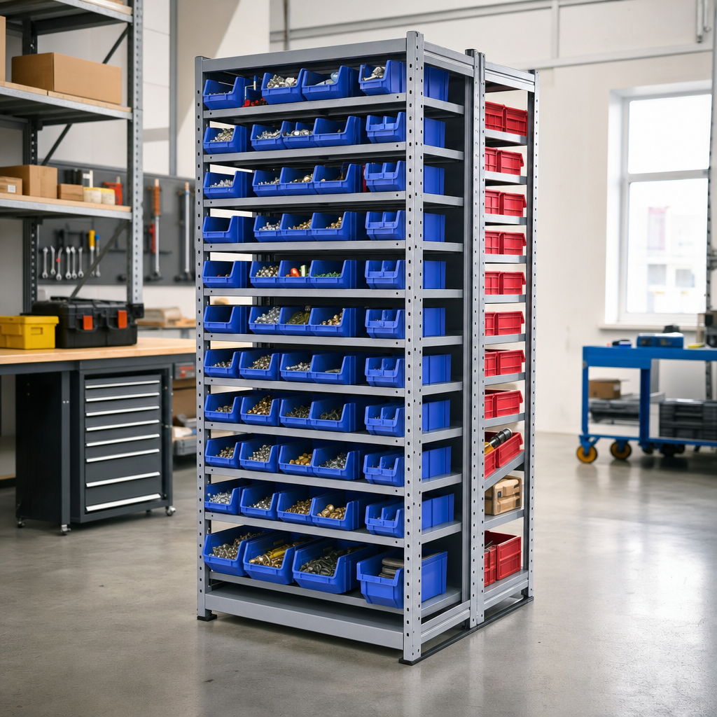 Double Sided Small Parts Rack with Storage Bins 1600h x 1000w