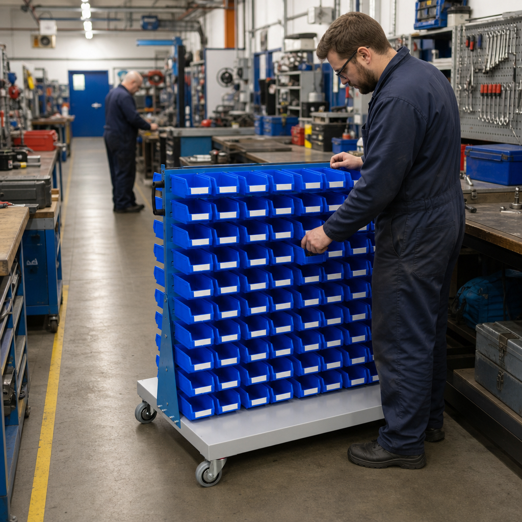 Double Sided Small Parts Trolley With Plastic Storage Bins