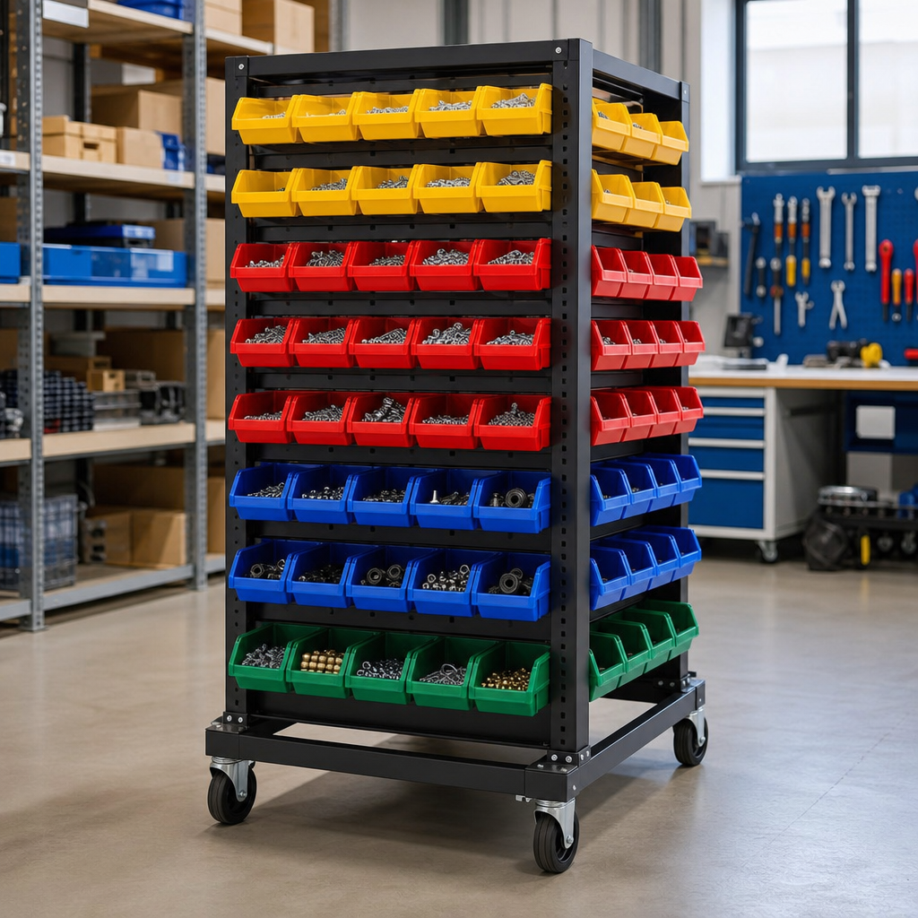 Double Sided Small Parts Trolley With Plastic Storage Bins