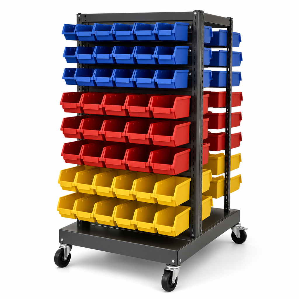 Double Sided Small Parts Trolley With Plastic Storage Bins