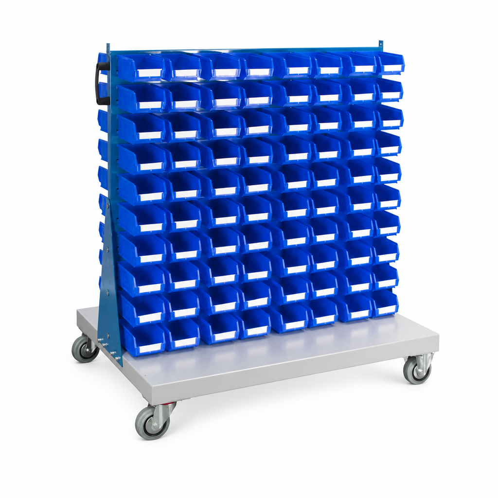 Double Sided Small Parts Trolley With Plastic Storage Bins