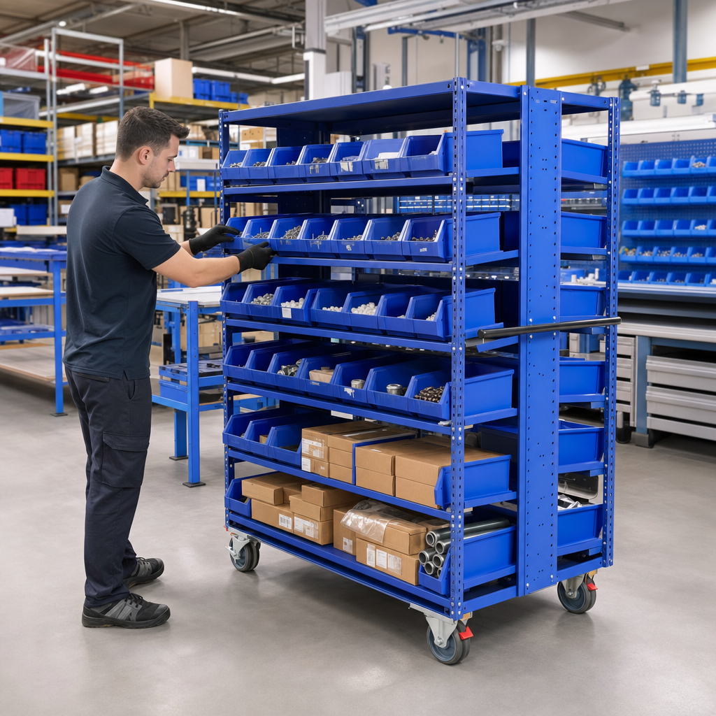 Double Sided Trolley with Picking Bins for Small Parts