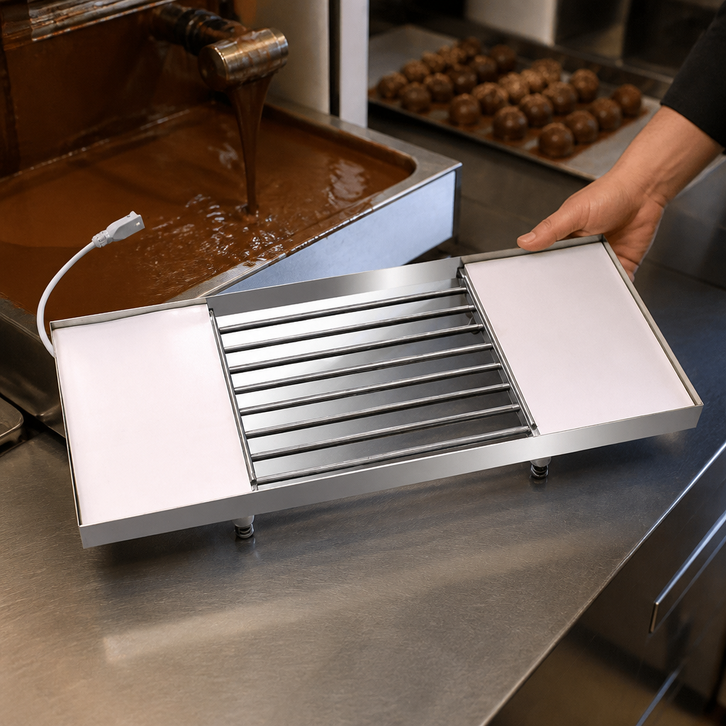 Commercial heated vibrating table for chocolate tempering