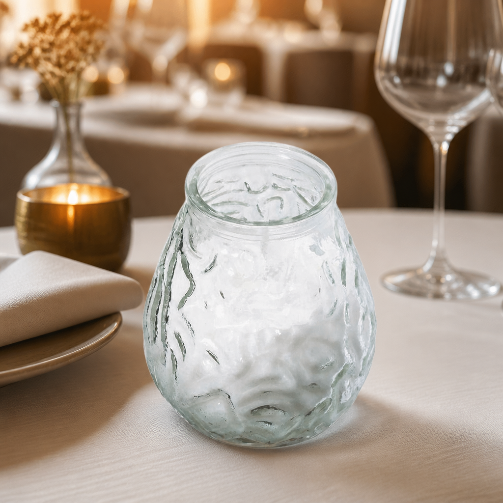 12 pack of clear lowboy table candles, 105mm height