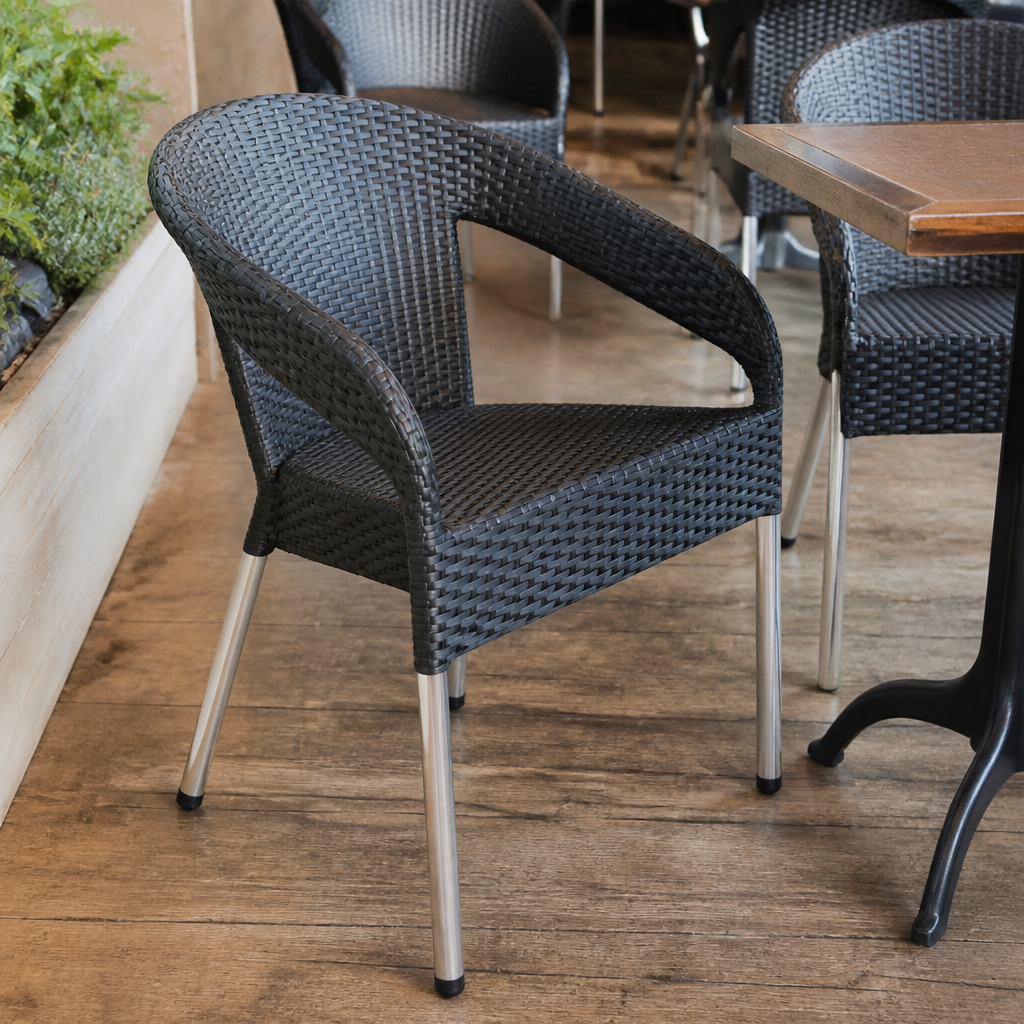 Commercial stackable wicker bistro chairs in charcoal, 4 pack