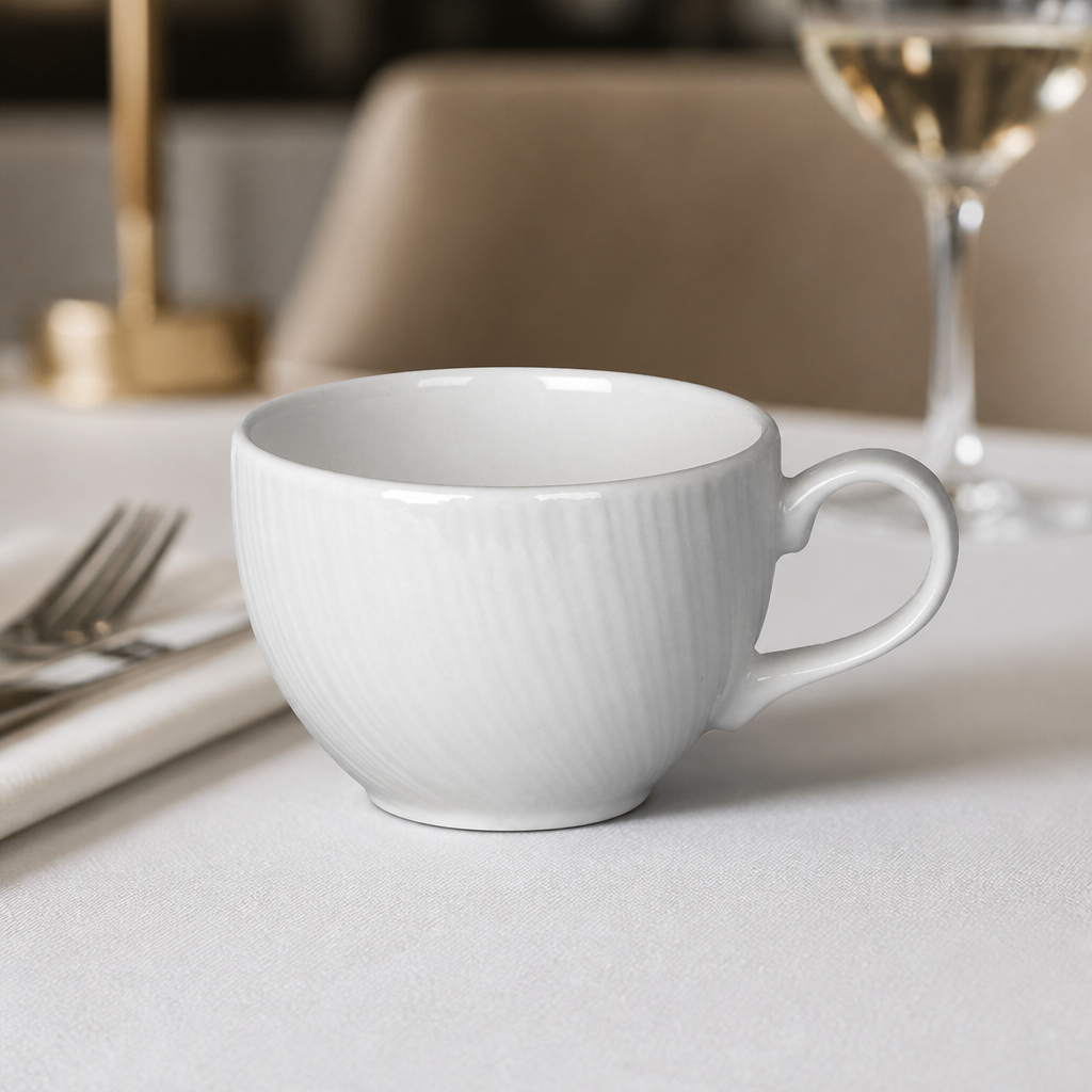 Commercial 227ml low tea cups in elegant design, 36 pack