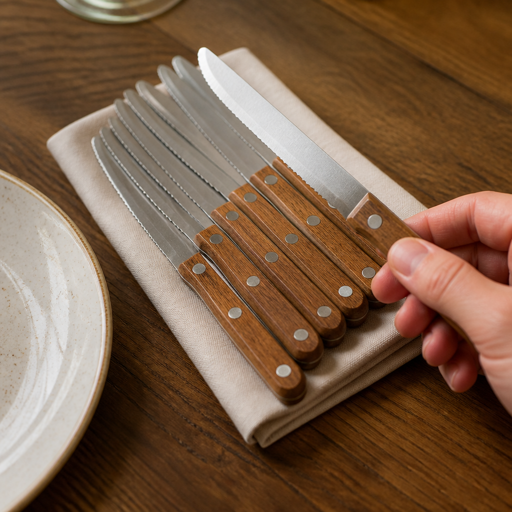 Set of 12 commercial steak knives with acacia wood handles