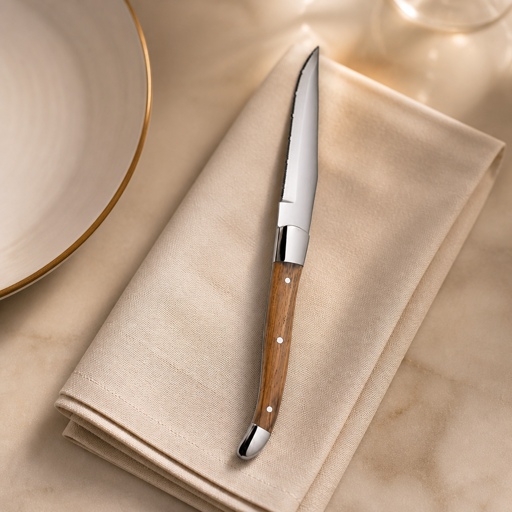 Set of 6 commercial steak knives with Pakka wood handles