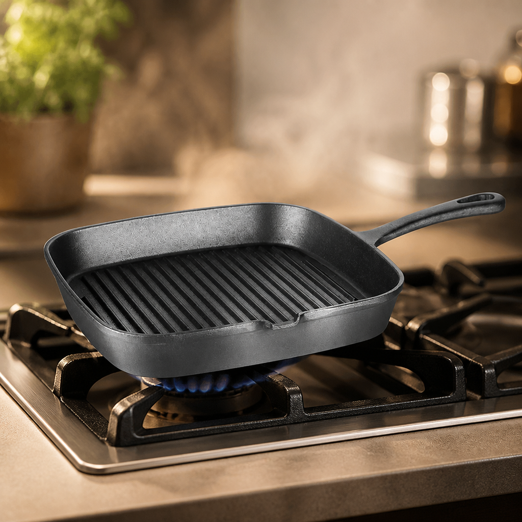 24cm Square Cast Iron Ribbed Skillet Pan