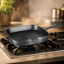 Commercial Square Cast Iron Ribbed Skillet Pan 24cm