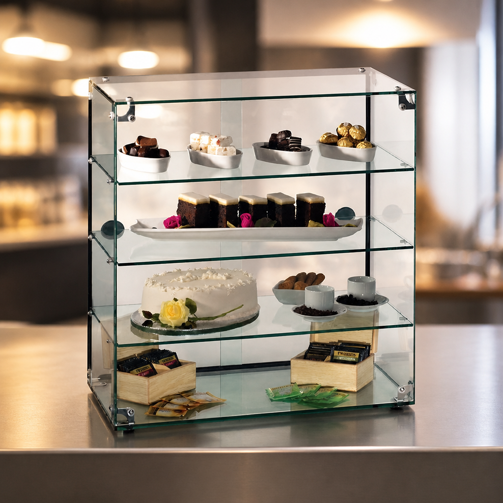 Commercial ambient display cabinet with glass front, 583mm wide