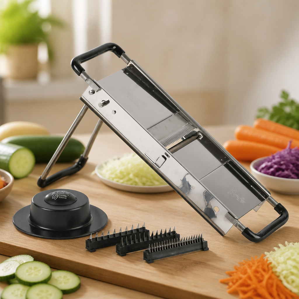 Commercial reversible mandoline with interchangeable blades