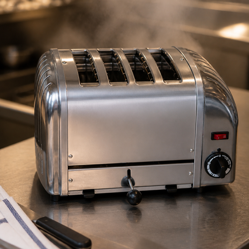 Commercial 4 Slot Bun Toaster in polished stainless steel