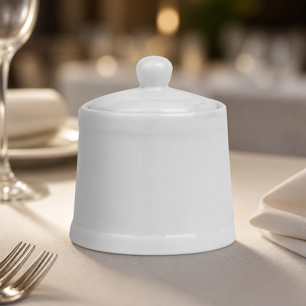 Commercial 250ml Porcelain Sugar Bowls with Lids - 6 Pack