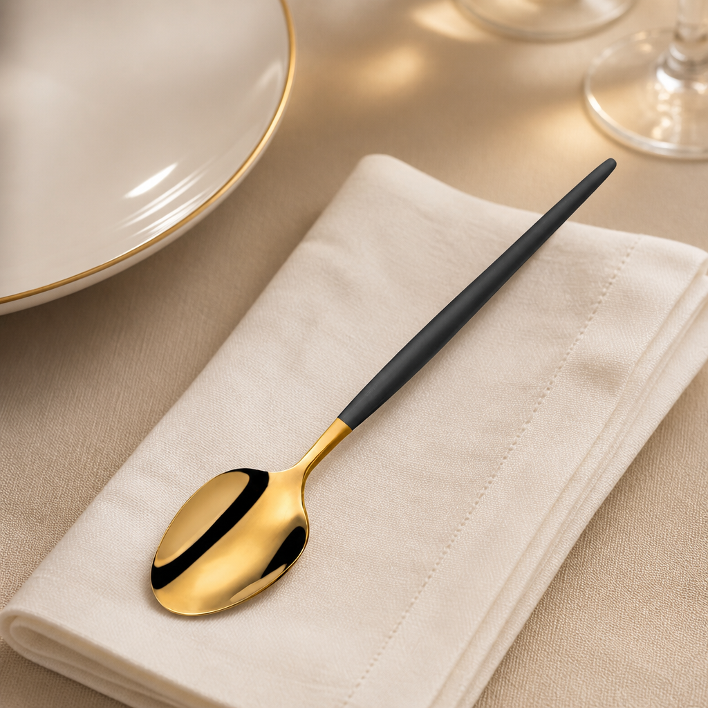 Commercial Dessert Spoons 12 Pack Black & Gold 183mm
