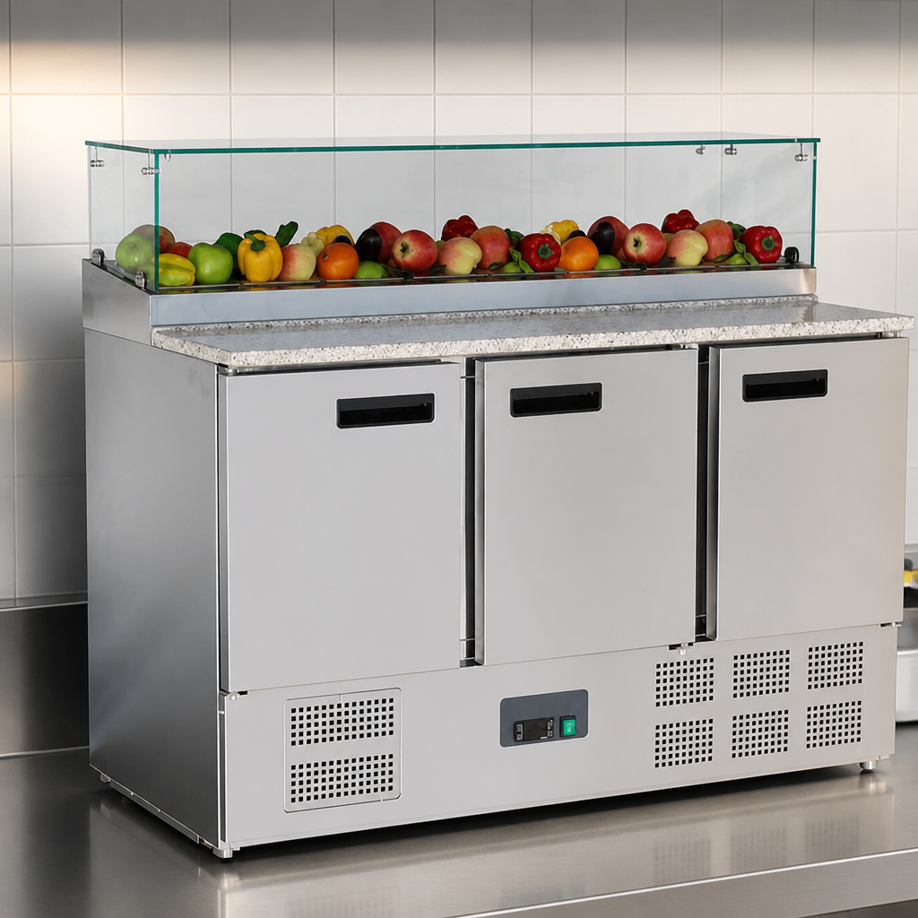 Commercial 3 Door Pizza Prep Counter 444Ltr with Glass Guard