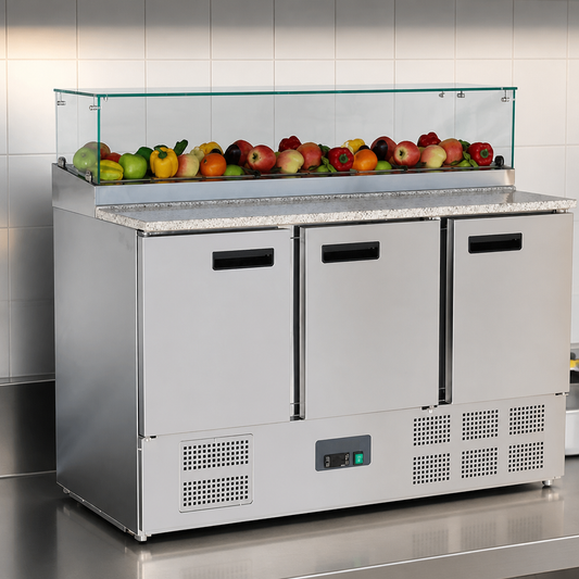 Commercial 3 Door Pizza Prep Counter 444Ltr with Glass Guard
