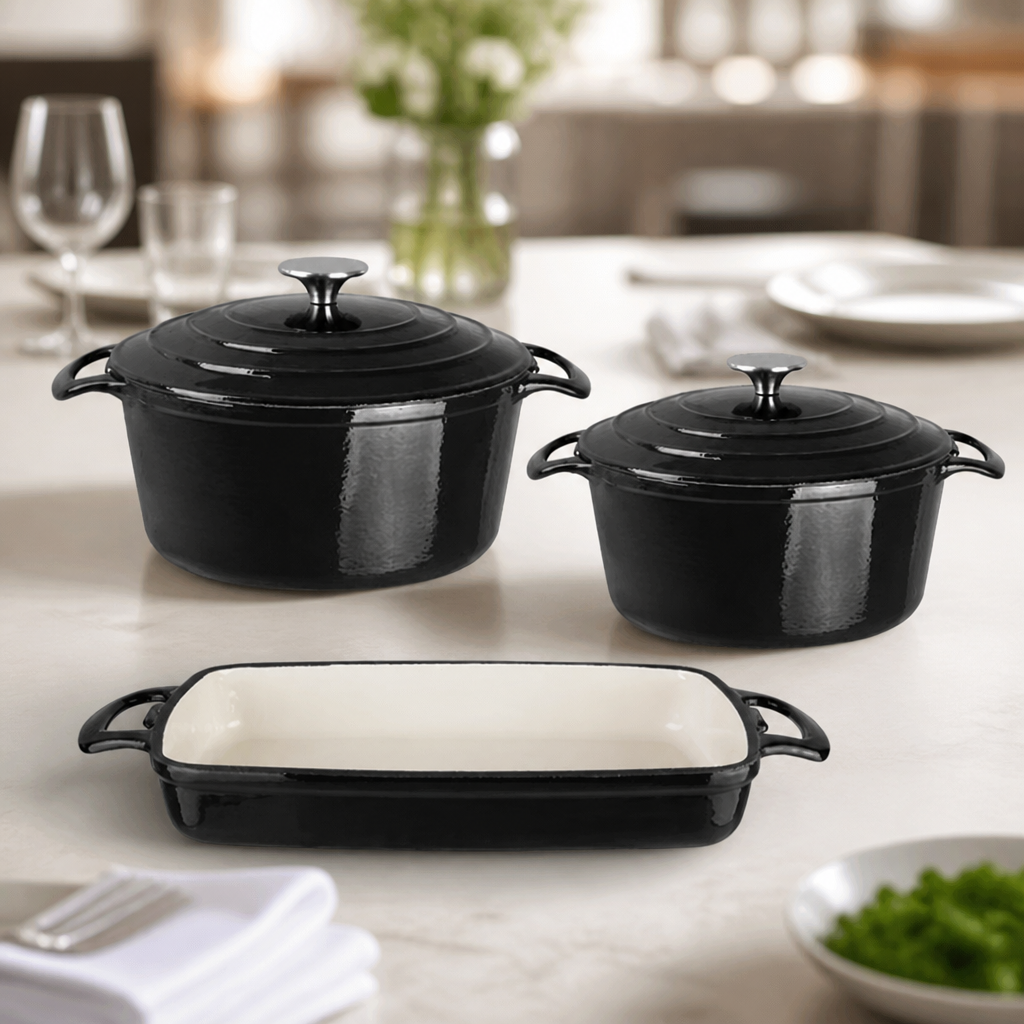 3-Piece Commercial Cast Iron Casserole Dish Set 3.2L 4L 2.8L