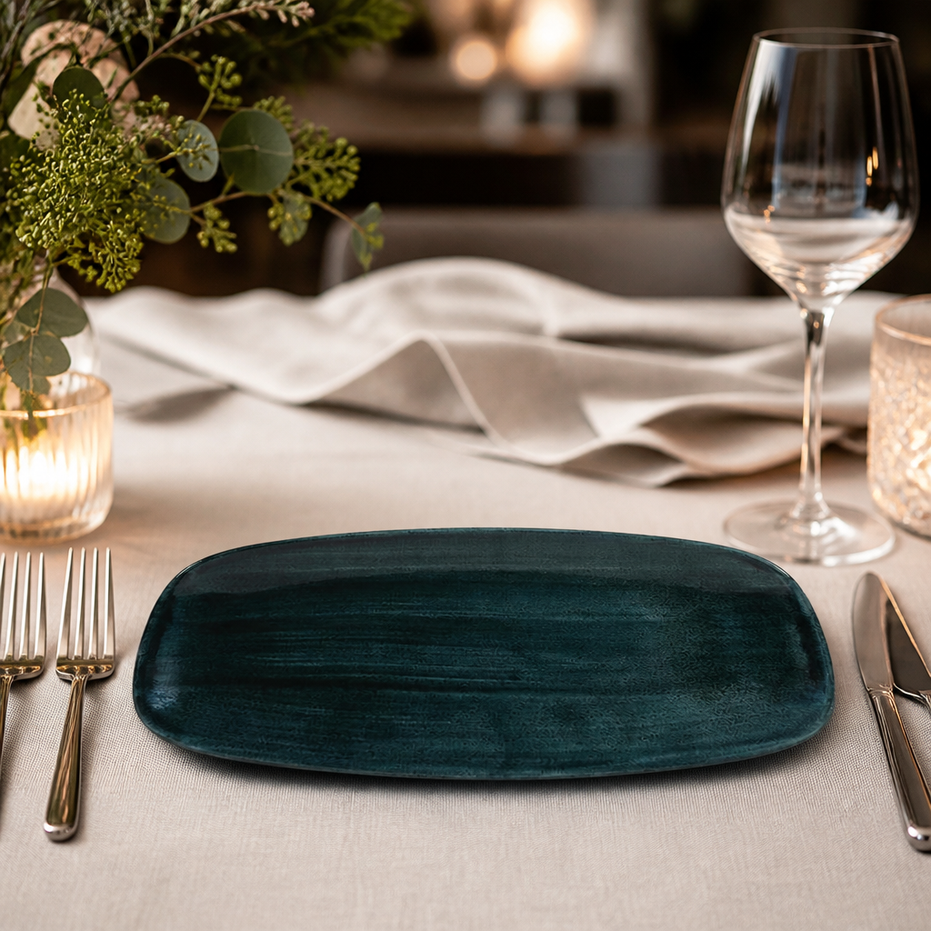 Commercial Oblong Chef Plates in Rustic Teal 298 x 153mm 12 Pack
