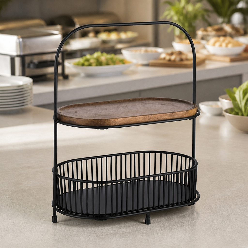 Two-Tier Commercial Food Stand with Metal Baskets and Wood Boards